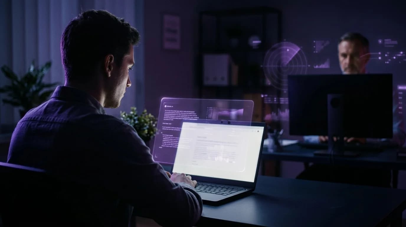 Candidate on a video interview with an invisible AI overlay, recruiter watching detection signals