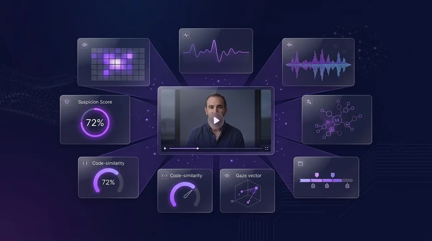 Multi-signal analysis screen of a video interview with cheat detection indicators